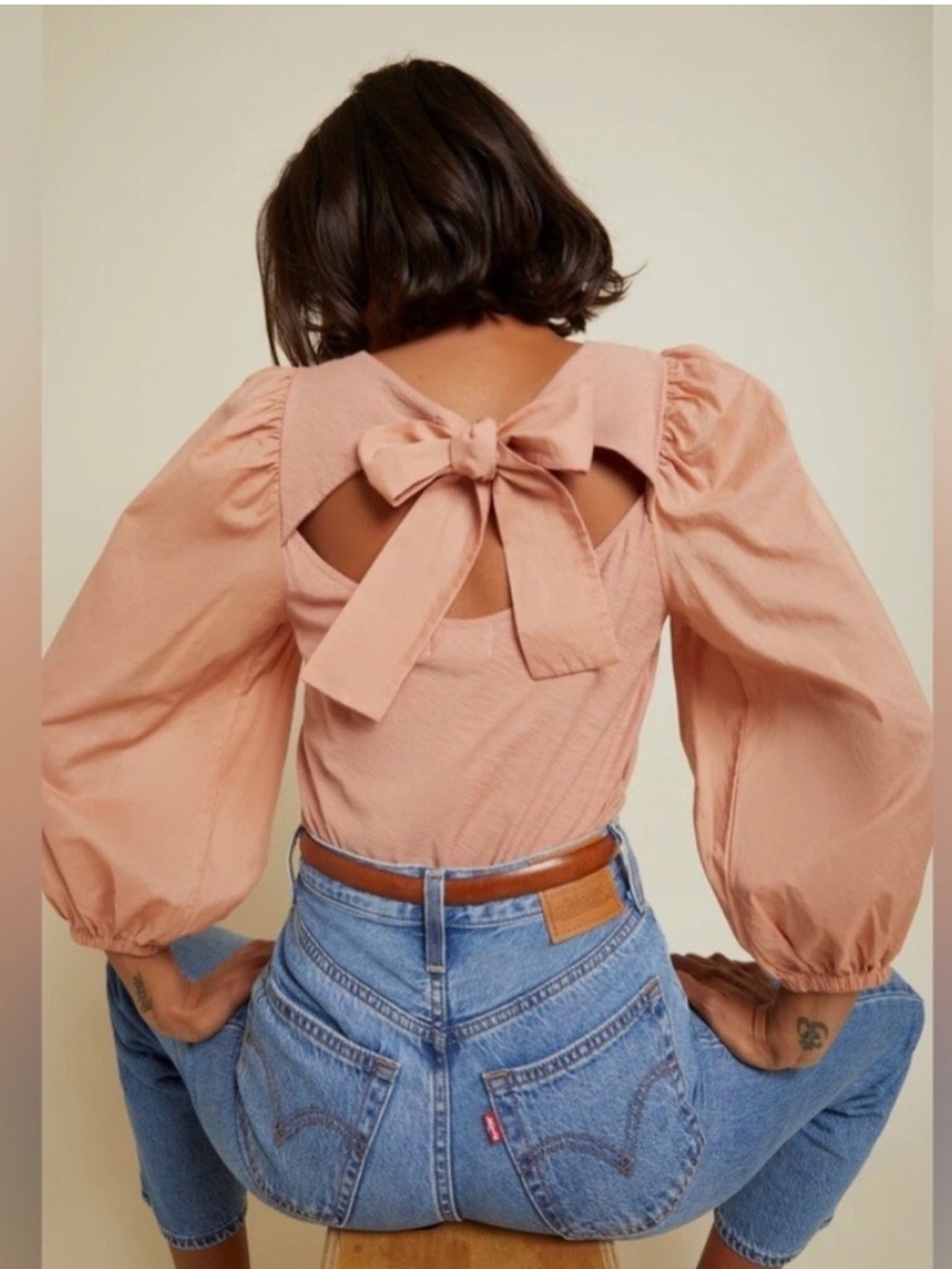 Nation LTD Shalom Tie Bow Open Back Combo Top Bisou Blush 100%Pima Cotton Size M